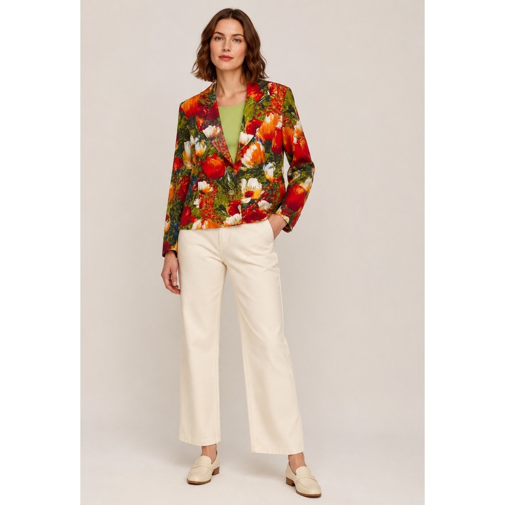 Vintage Chico's Garden Party Jacket Womens 2 Large Multicolor Cotton Tulip Print